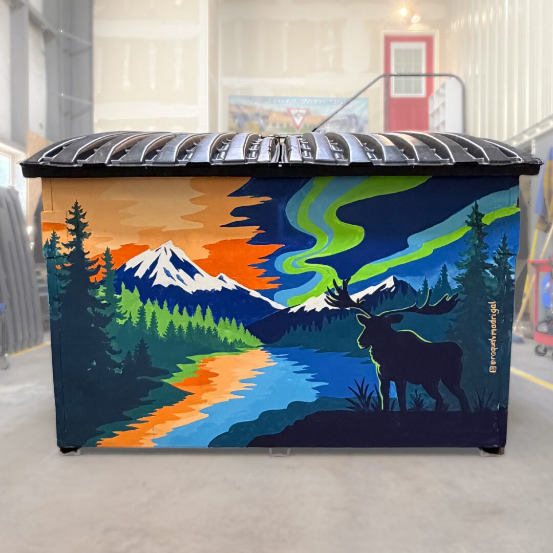 Night and Day in Alaska — a commercial bin painted with a sunset-to-aurora landscape and a moose, for Alaska Waste in Seward