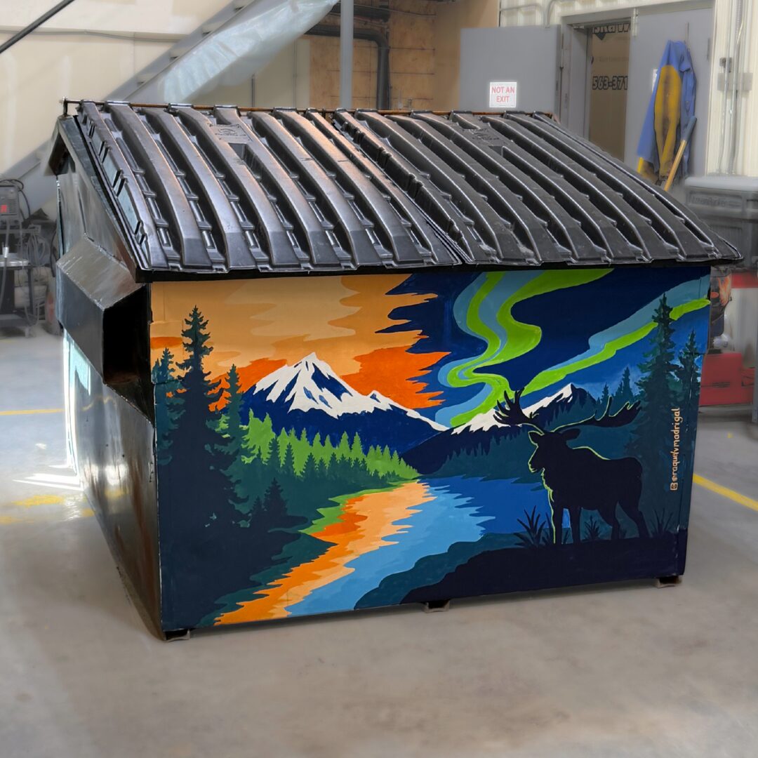 Three-quarter view of the painted bin