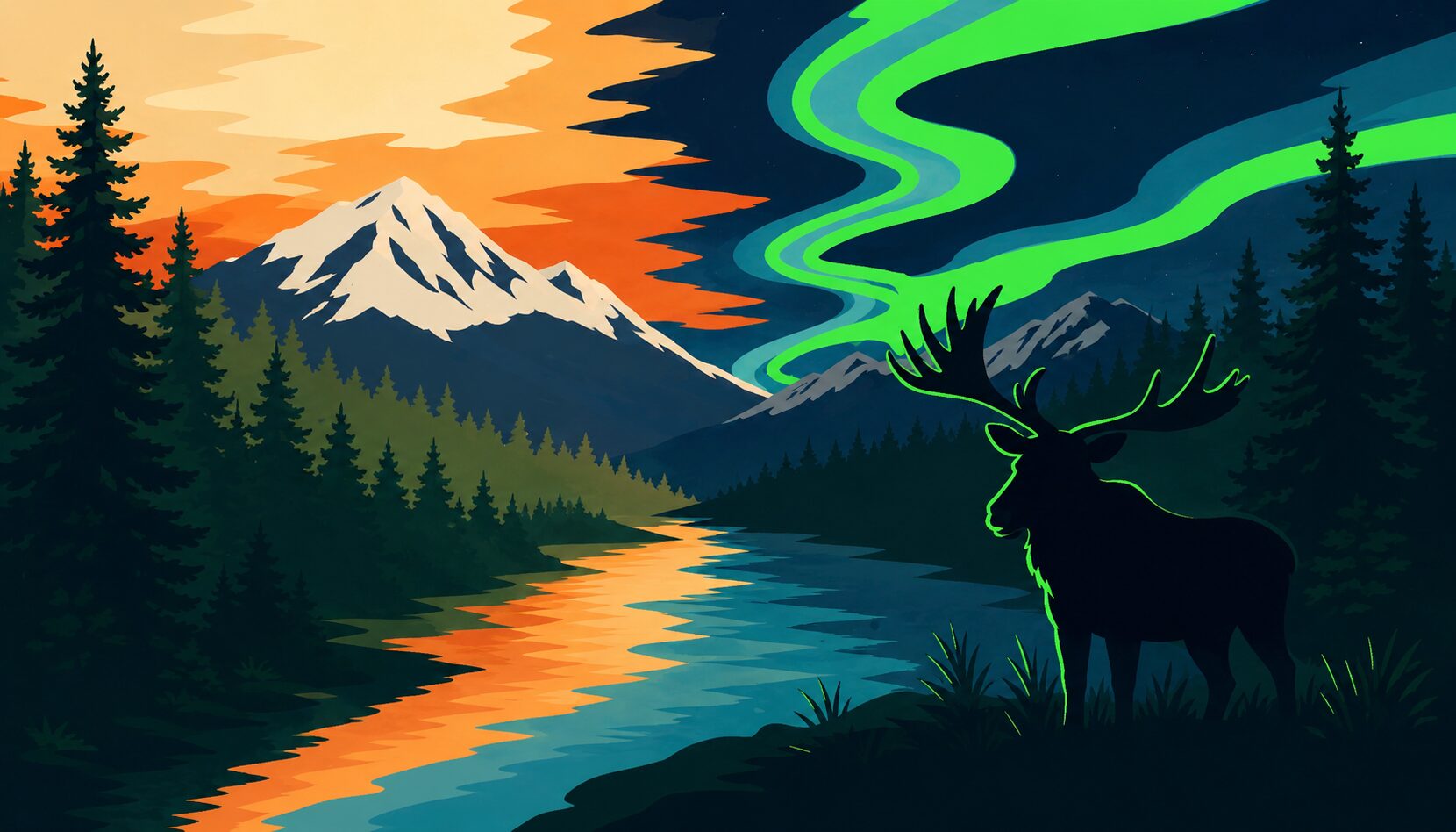 Digital design for Night and Day in Alaska — sunset, aurora, moose, and river