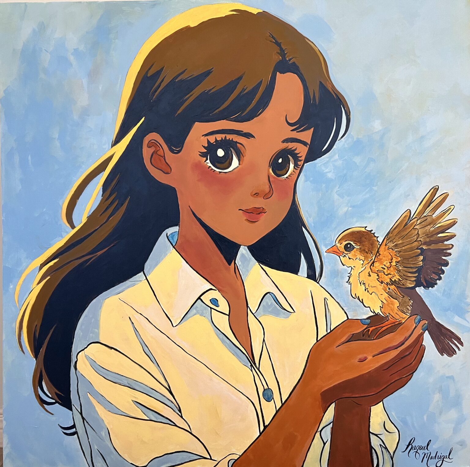 Acrylic painting of a girl in a white shirt holding a fledgling bird, painted live at Ignite Your Potential for the Kinder-Career Coalition