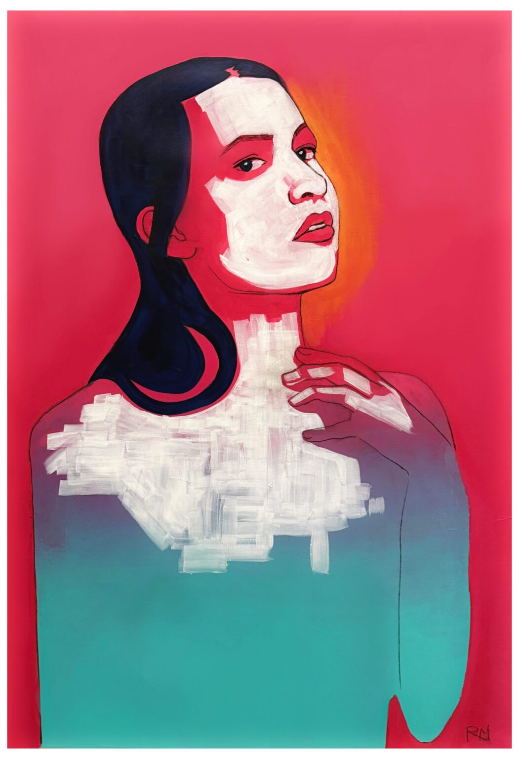 Half Empty — painting of a woman in red and teal, her chest dissolving into white brushstrokes