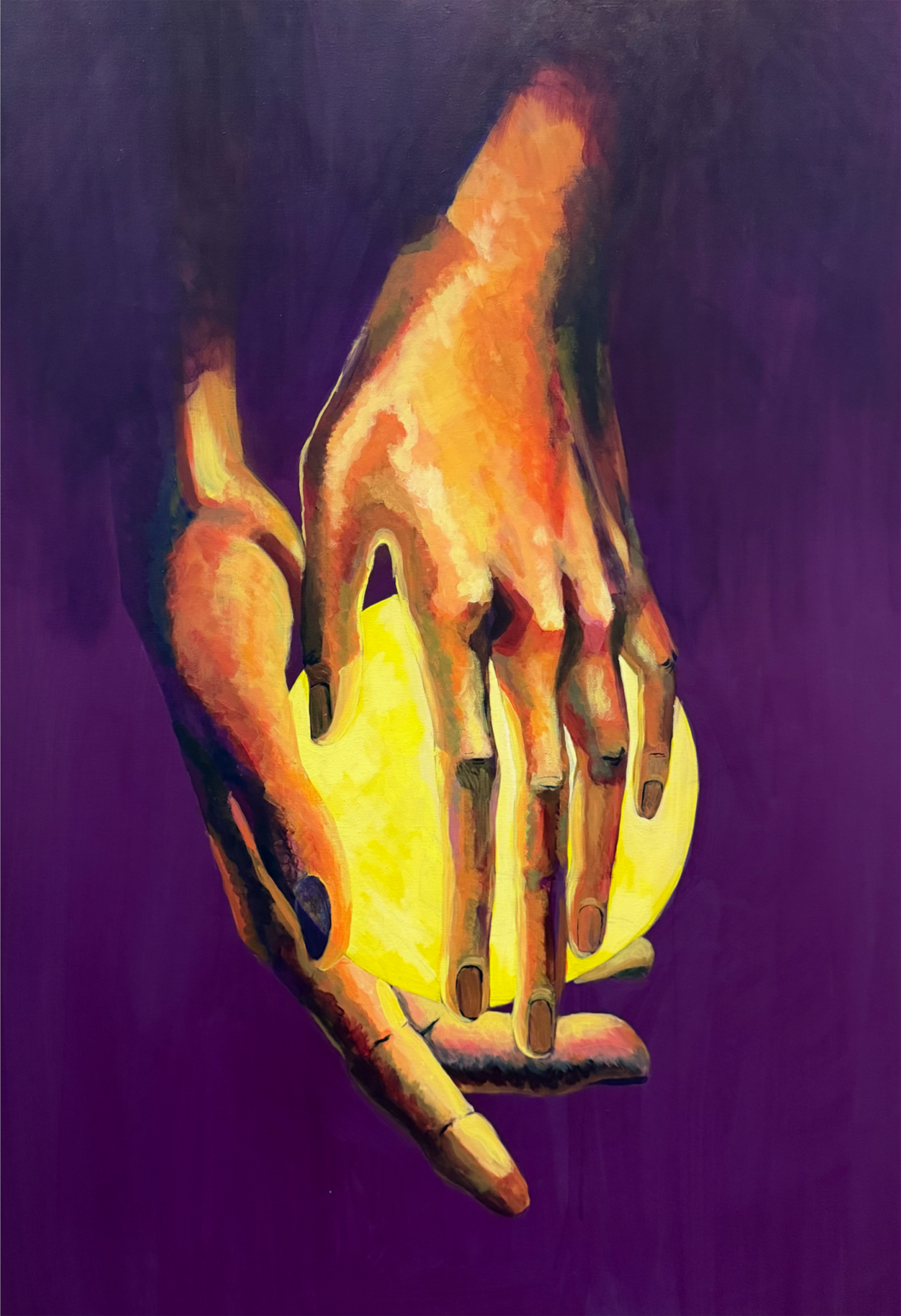 Holding to a Dream — painting of two hands cradling a glowing moon against deep purple