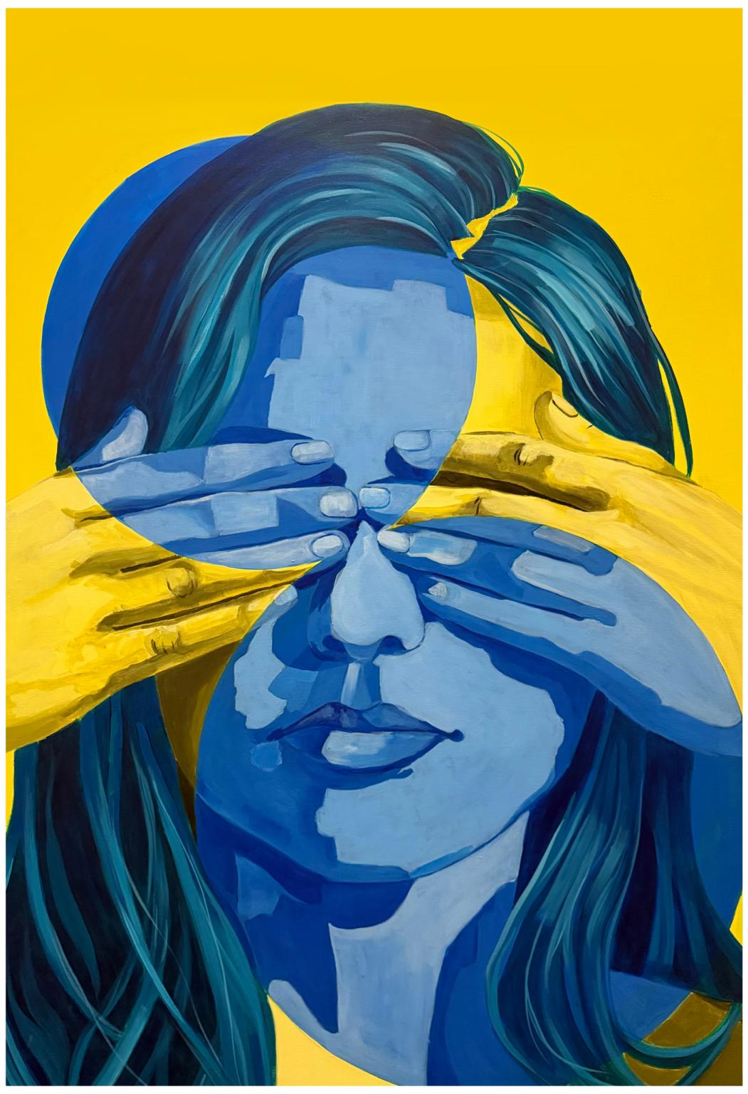 I Can't See — painting in blue and yellow of hands covering a woman's eyes