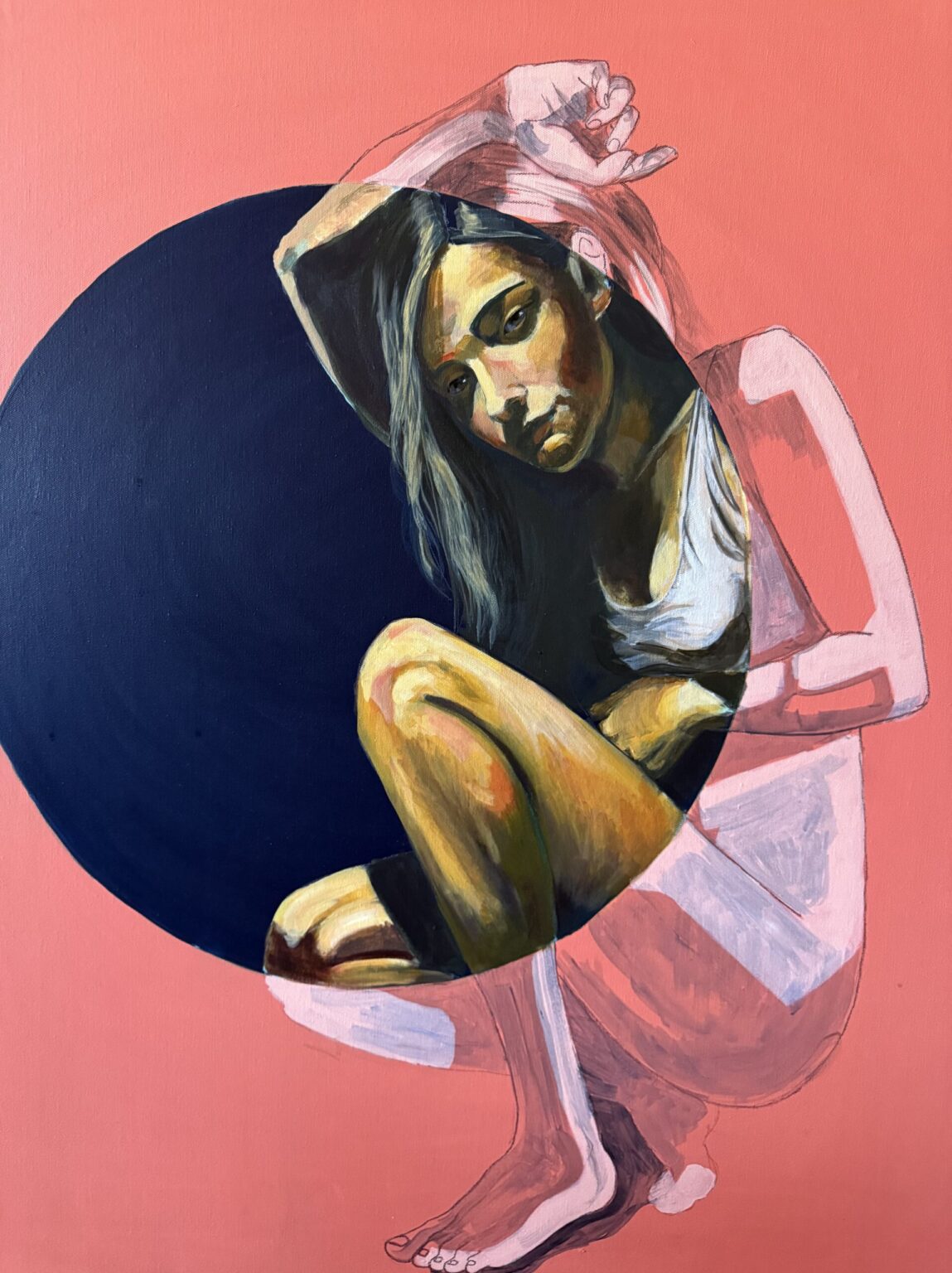 In Transition — painting of a crouched figure inside a dark circle on a coral background