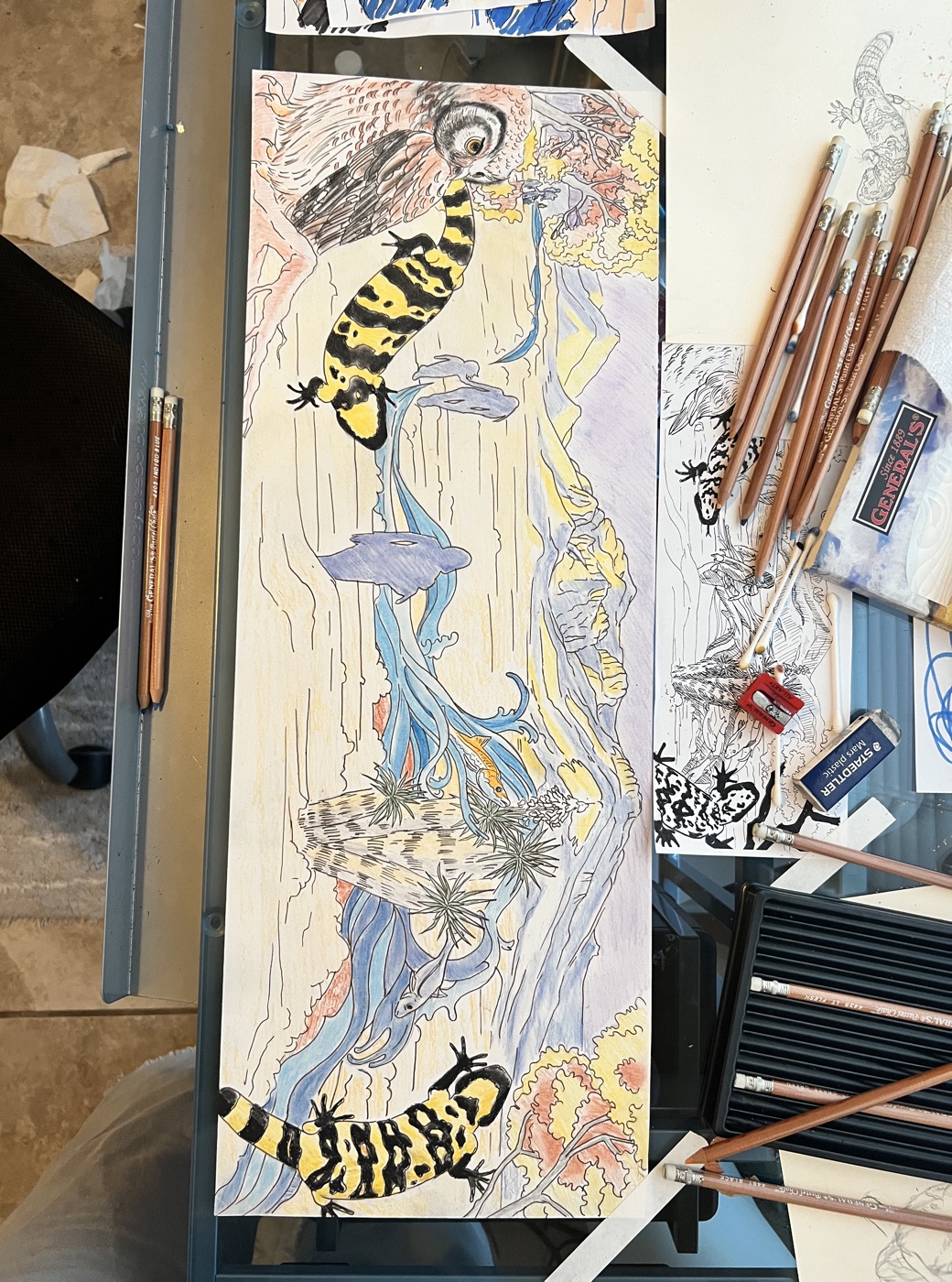 Colored design study for the Endangered Species mural with Gila monsters and boreal owl